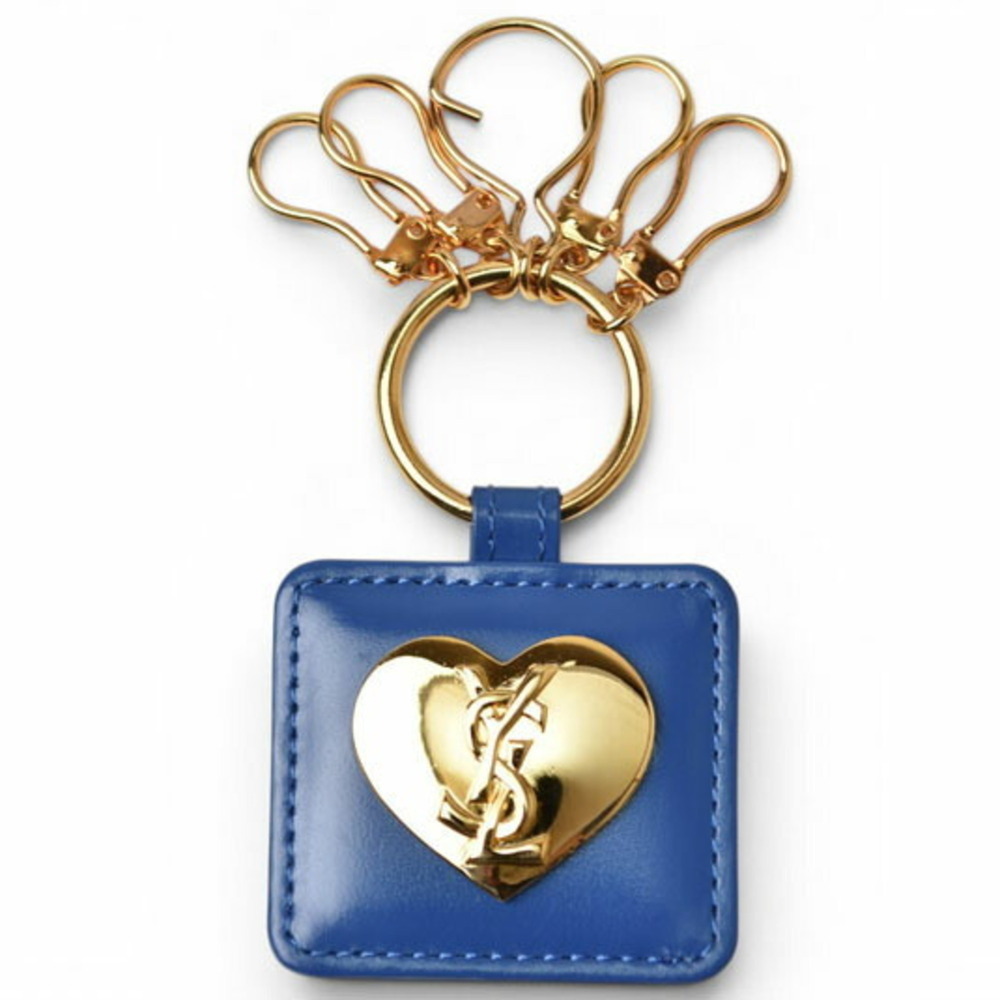 Yves Saint Laurent YSL Keyring Cassandra Heart Plate Blue Gold